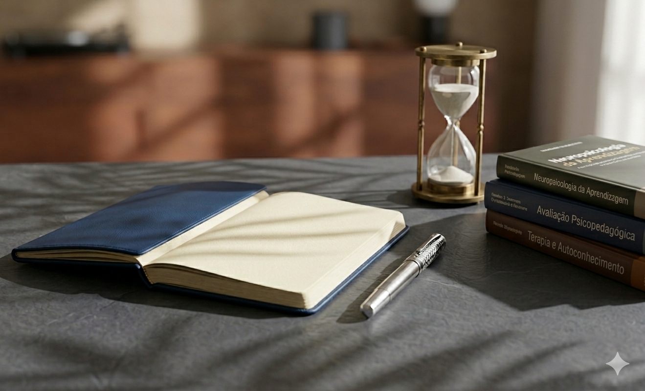 Caderno azul aberto, caneta prateada, ampulheta, e uma pilha de livros sobre psicologia e aprendizagem em uma mesa