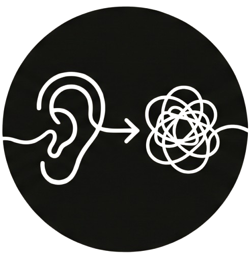 Ilustração de um ouvido com uma flecha apontando para uma confusão de linhas e nós, simbolizando o processamento mental ou confusão.