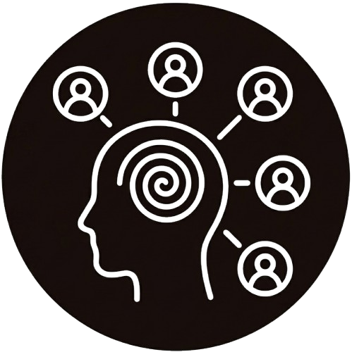 Silhueta de uma cabeça com um espiral no interior e cinco ícones de usuários conectados ao redor, representando pensamento ou conexão mental com outras pessoas.