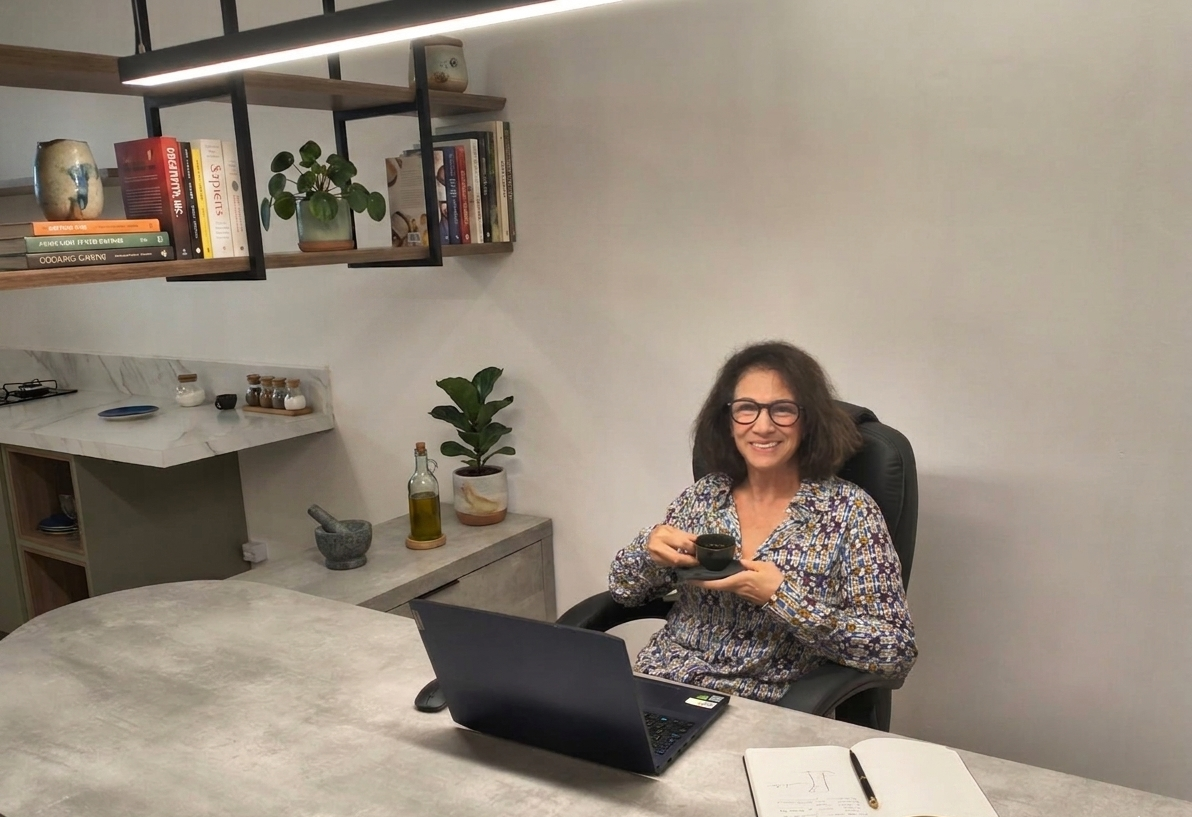 Mulher sorridente sentado em uma cadeira de escritório, segurando uma tigela com uma colher, em um ambiente de escritório ou casa, com uma mesa de mármore, um notebook aberto, uma planta e prateleiras com livros e objetos decorativos ao fundo.