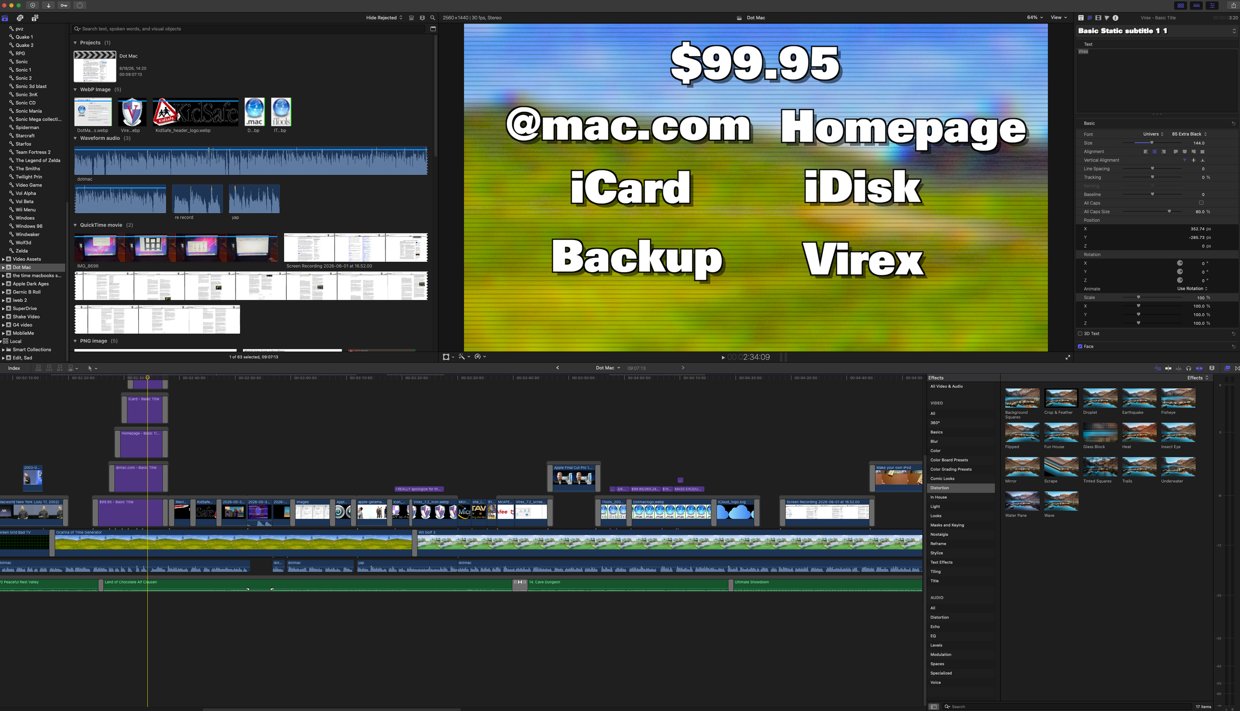 Screenshot of a video editing software showing a promotional slide with text advertising a product or service for $99.95, including website and product details such as homepage, iCard, iDisk, Backup, and Virex, against a colorful blurred background.