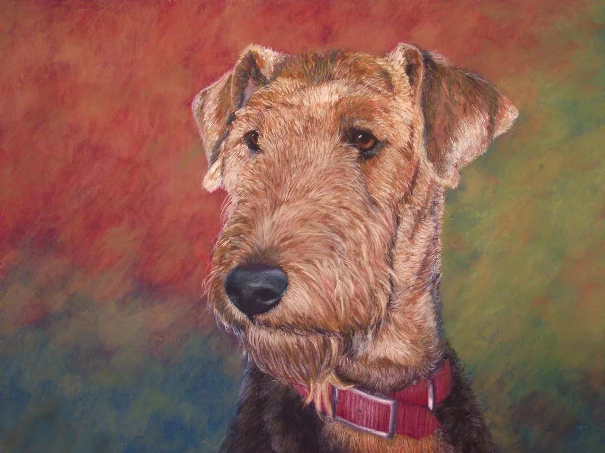 Painting of a Fox Terrier set against a rust-red and olive green mottled background