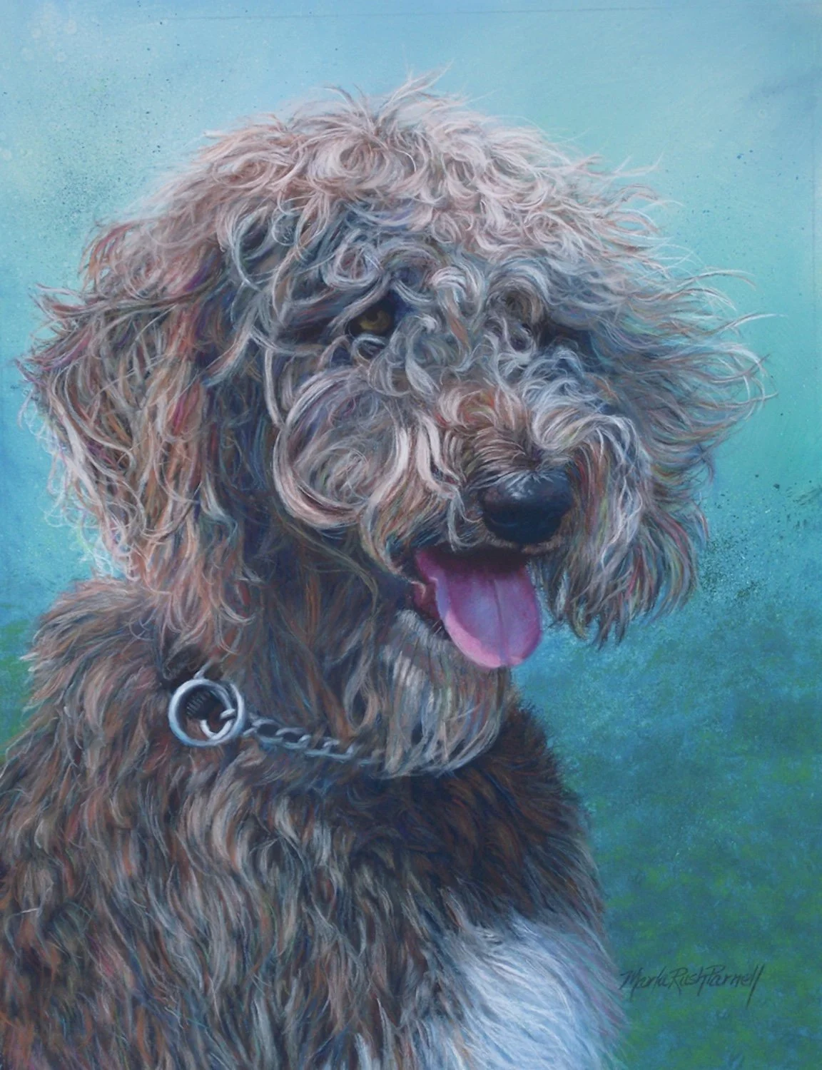 Painting of a gray and white Goldendoodle set against a teal background