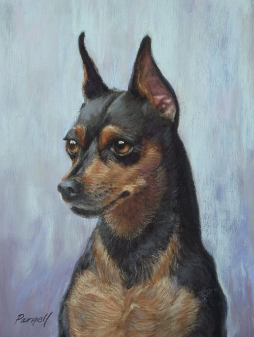 Painting of a Miniature Pinscher against a gray-blue background