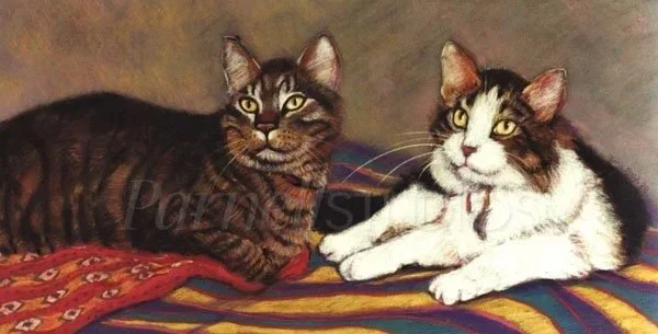 Painting of two cats laying on colorful fabrics