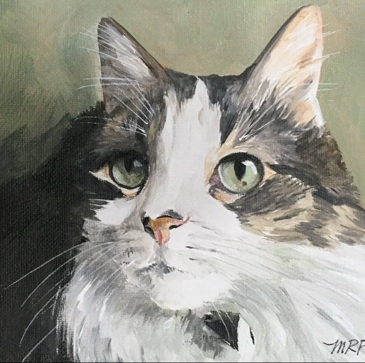 Painting of gray and white cat with green eyes.