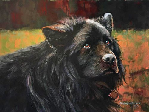Painting of a large long-haired black dog set in a landscape of golds, greens and rusts