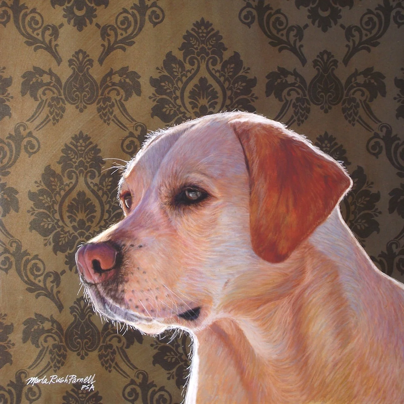 Painting of a Yellow Labrador Retriever head and shoulders against a printed formal pattern gold and black background