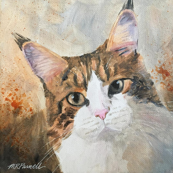 Painting of a brown and white cat.