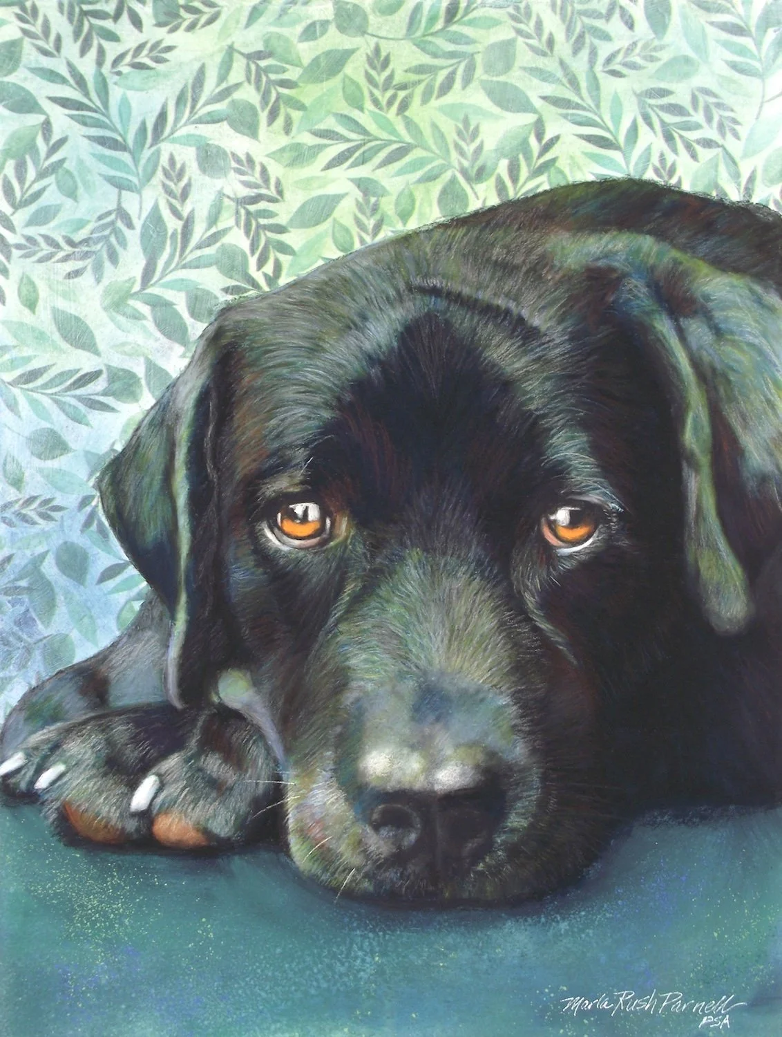 Painting of a black Labrador Retriever with rust-colored eyes laying on a blue-green surface with a background of blue-green patterned leaves 