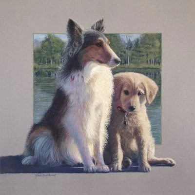 Pastel painting of a Sheltie and a Golden Retriever puppy with a lake and landscape behind them.