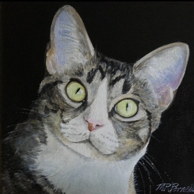Painting of gray and white cat with light green eyes.