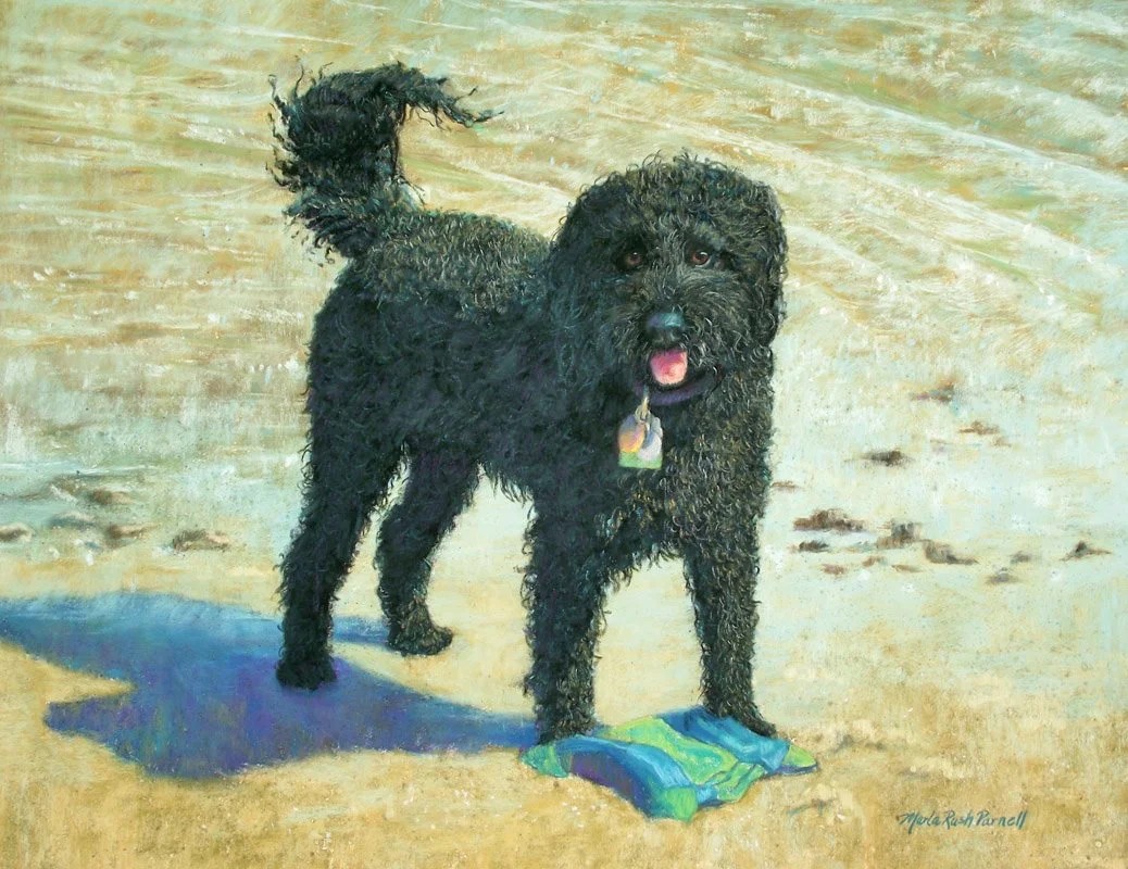 Painting of a black dog standing on the sand beside the shoreline
