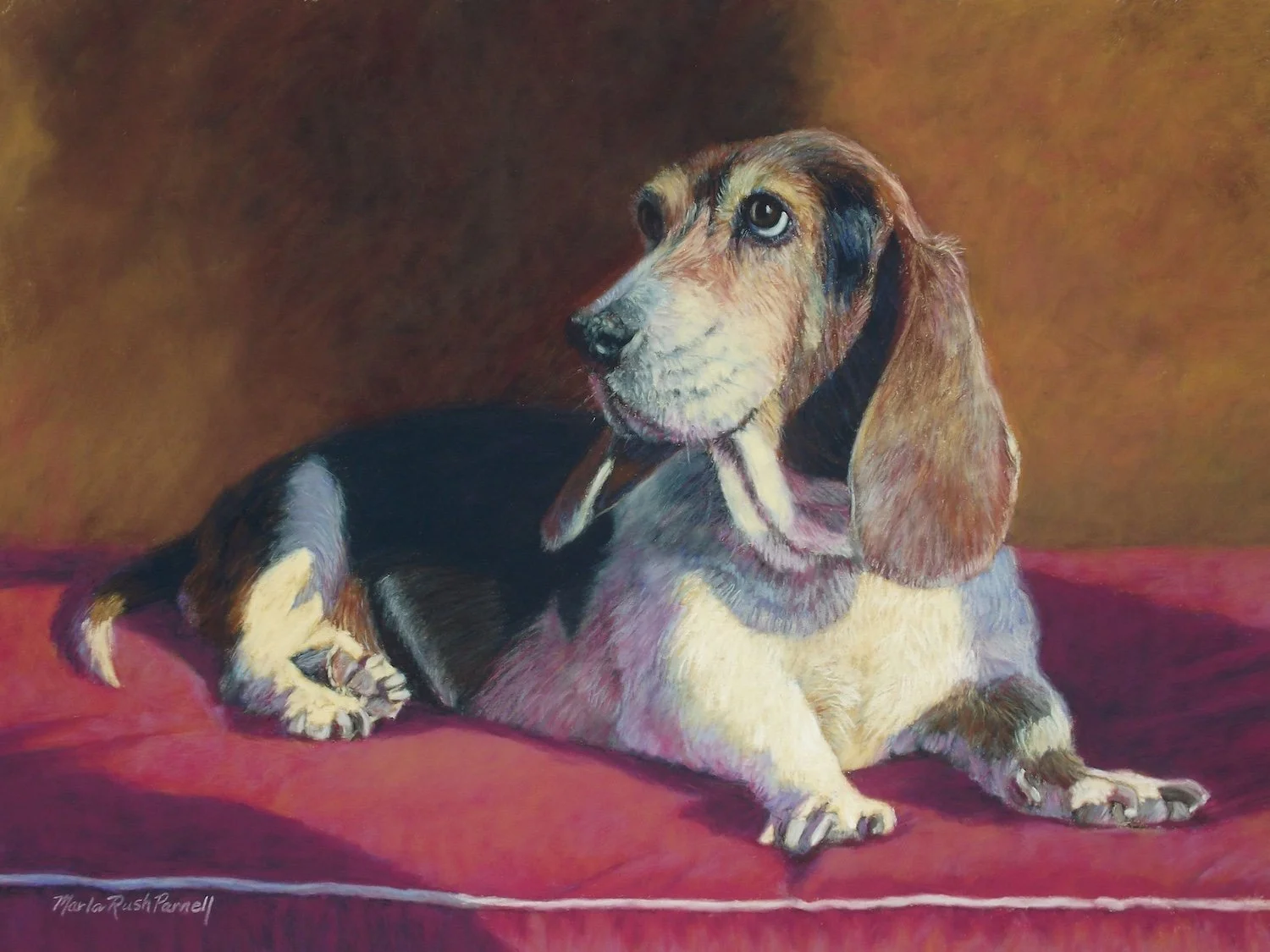 Painting of a Basset Hound laying on a dark red dog bed with sunlight and shadows