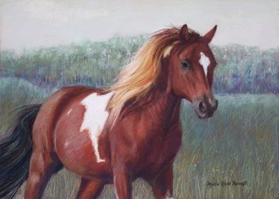Painting of a brown and white horse in motion with a soft blue and green landscape of a pasture behind her