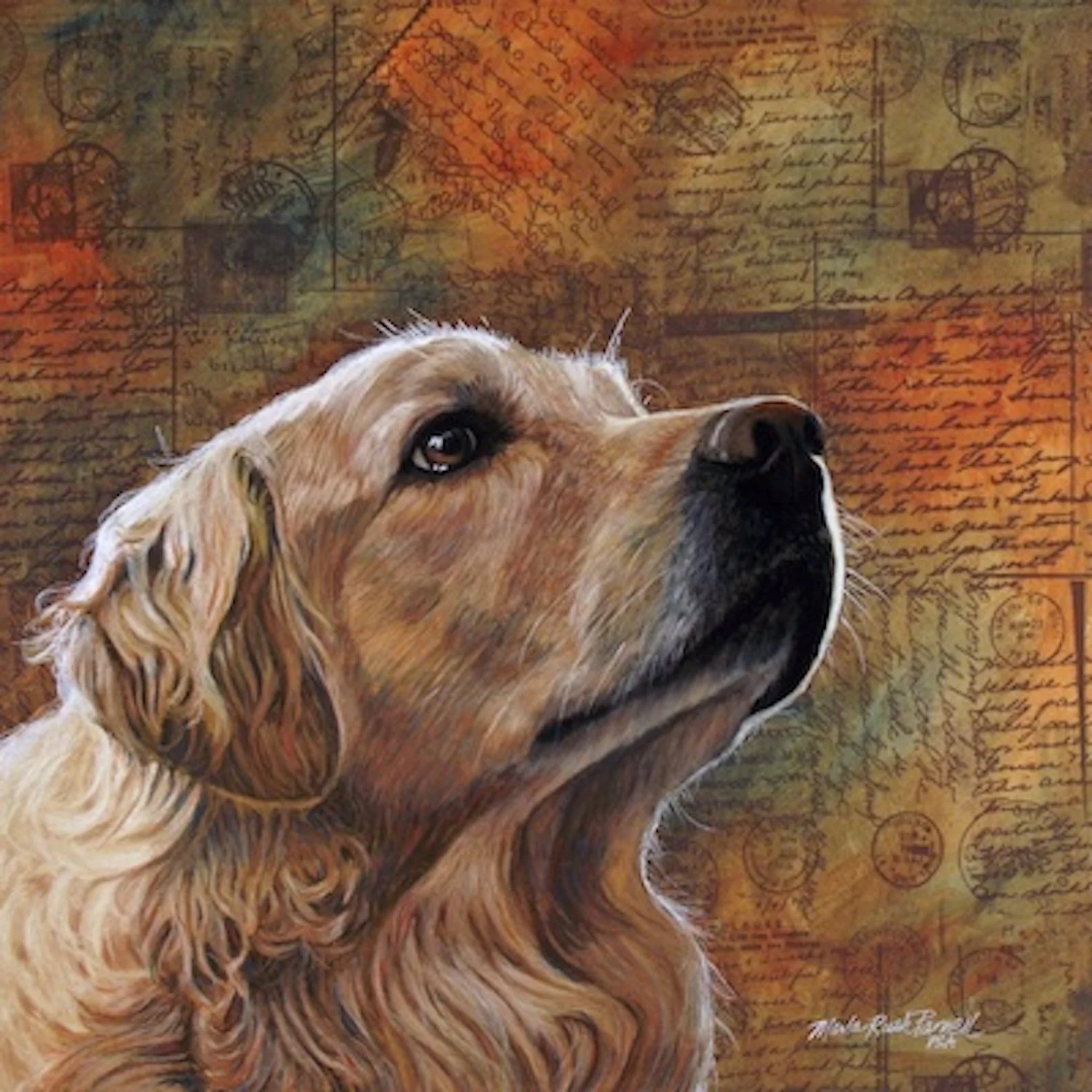 Painting of a Golden Retriever head and shoulders looking up and set against a background of green- and rust-tinted vintage postcards printed paper