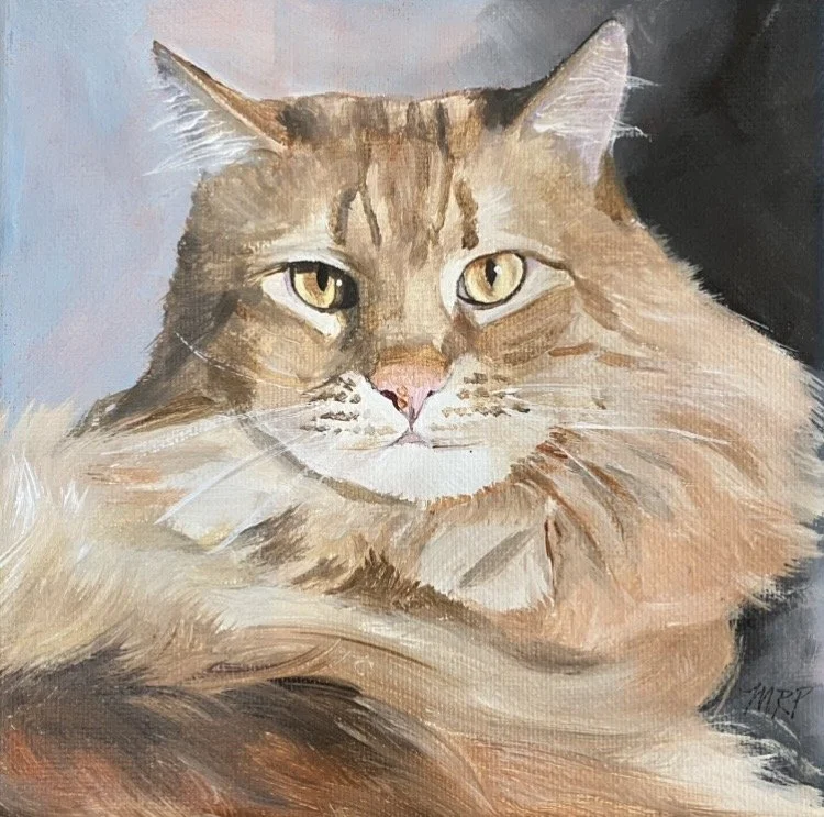 Painting of long-haired blonde cat with gold eyes