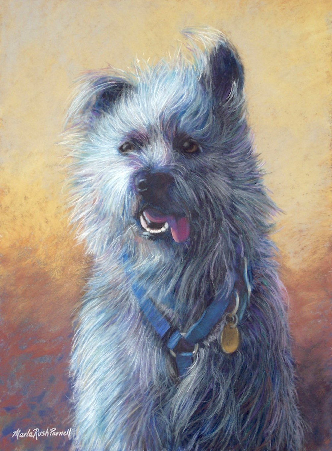 Painting of a grey long-haired terrier set against a tan, gold, rust and gray background