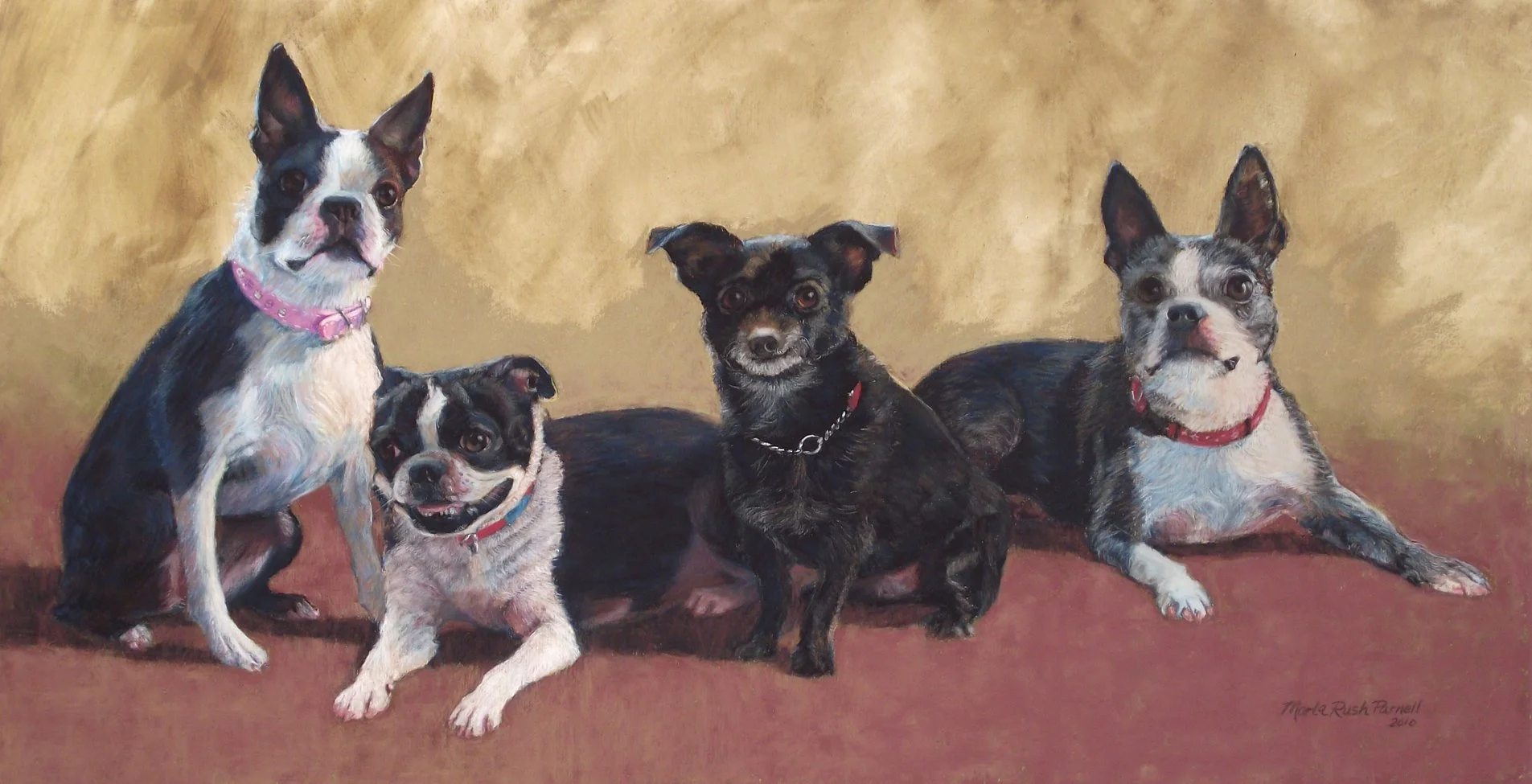 Painting of three Boston Terriers and one black mixed-breed dog on a soft red carpet with a gold background