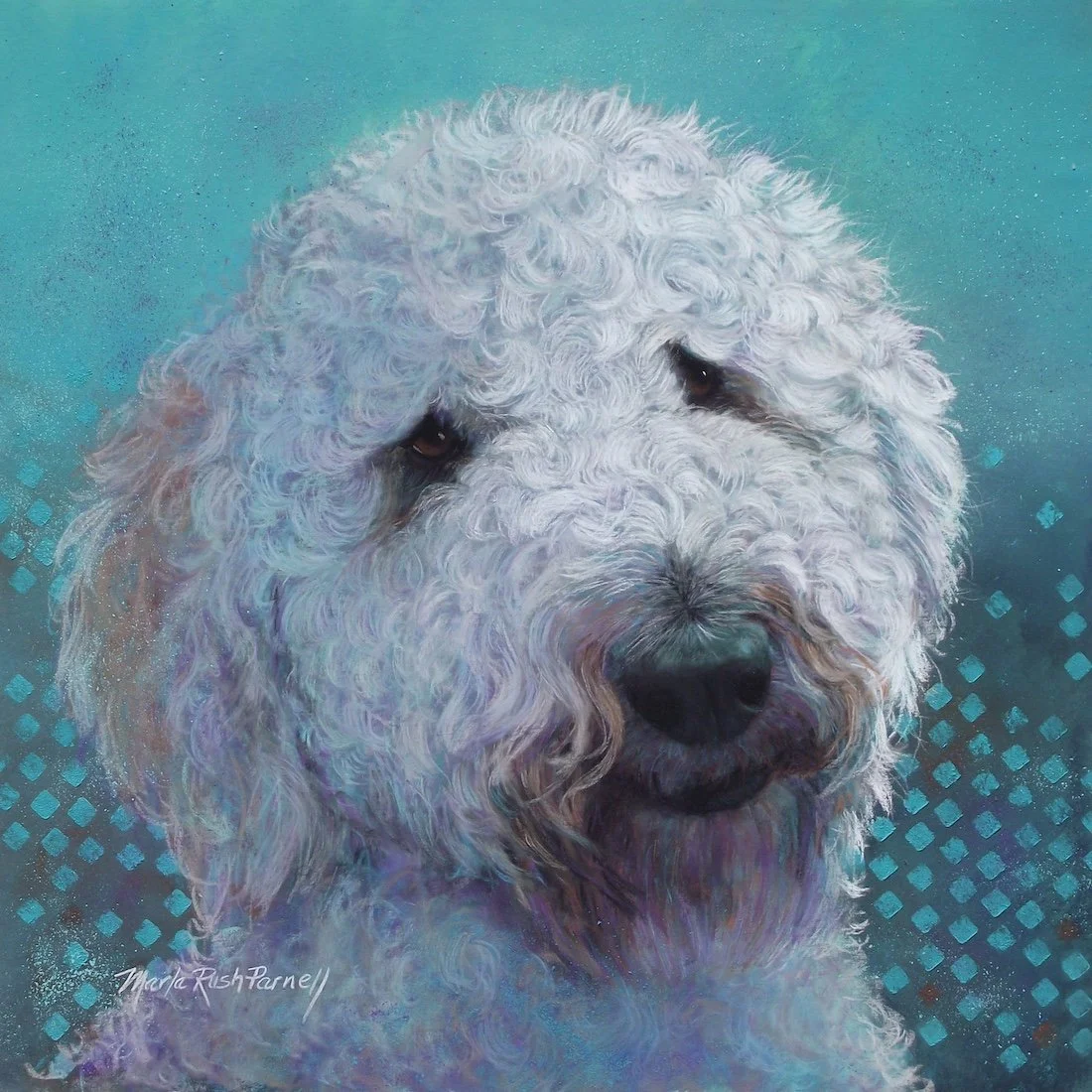 Painting of a white Goldendoodle set against a teal background with graphic square dots in light teal