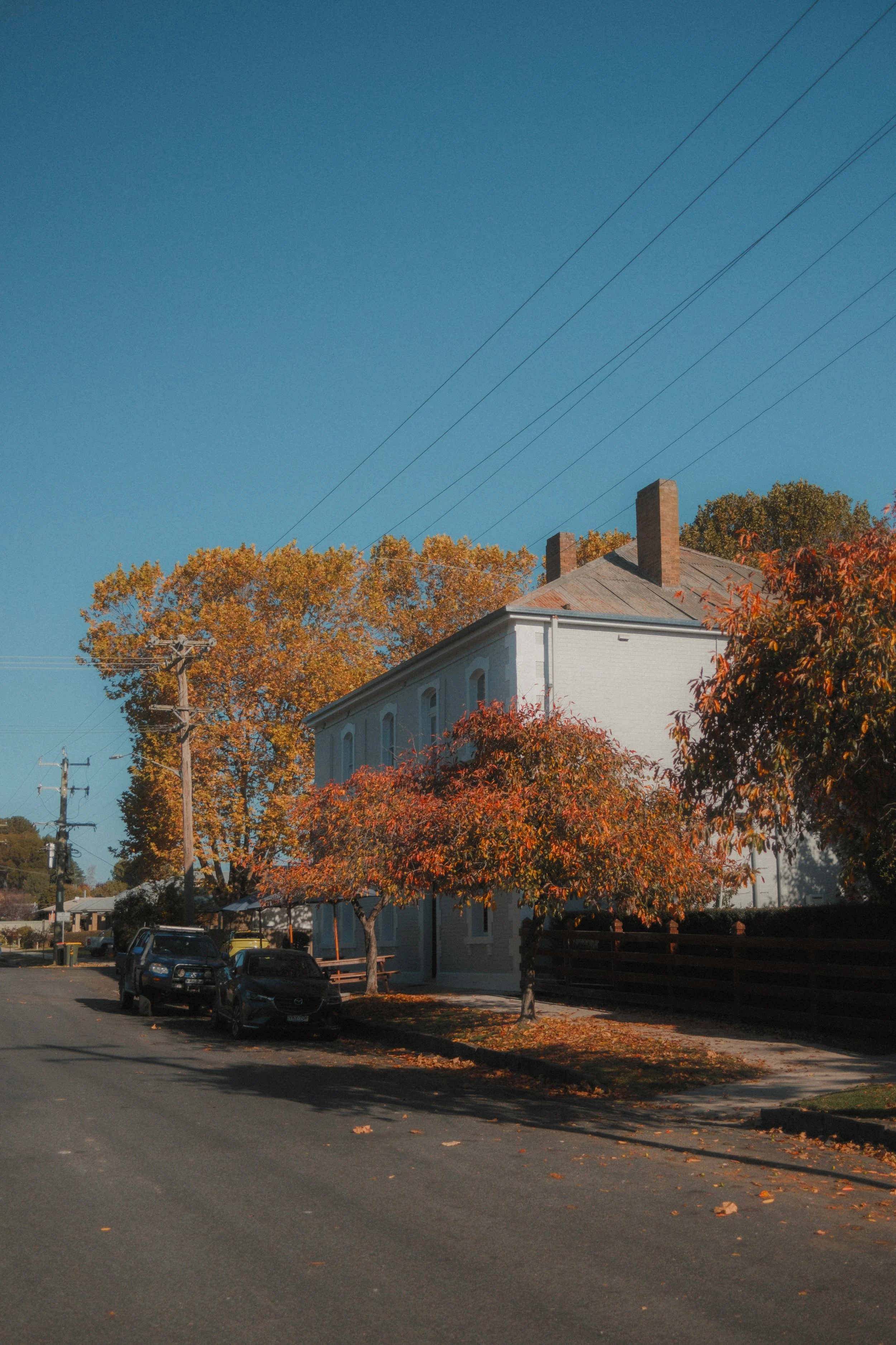 A street scene featuring a white building, several colorful autumn trees, parked cars, utility poles, and power lines against a clear blue sky.