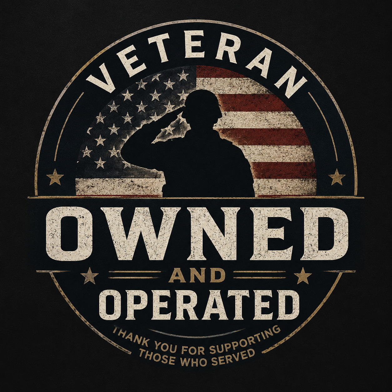 A badge with a silhouette of a salute soldier in front of an American flag background, with the text "Veteran Owned and Operated" and a message thanking for support and service.