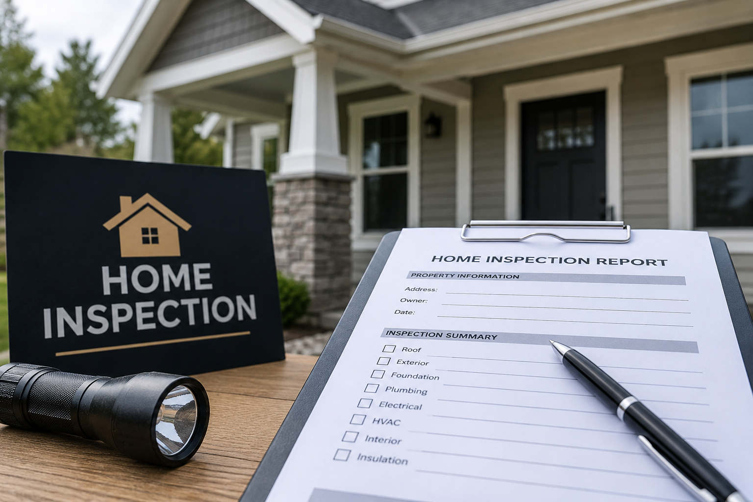A home inspection report form on a clipboard with a pen, a flashlight, and a sign that says 'Home Inspection' in front of a house with a porch and a dark door.