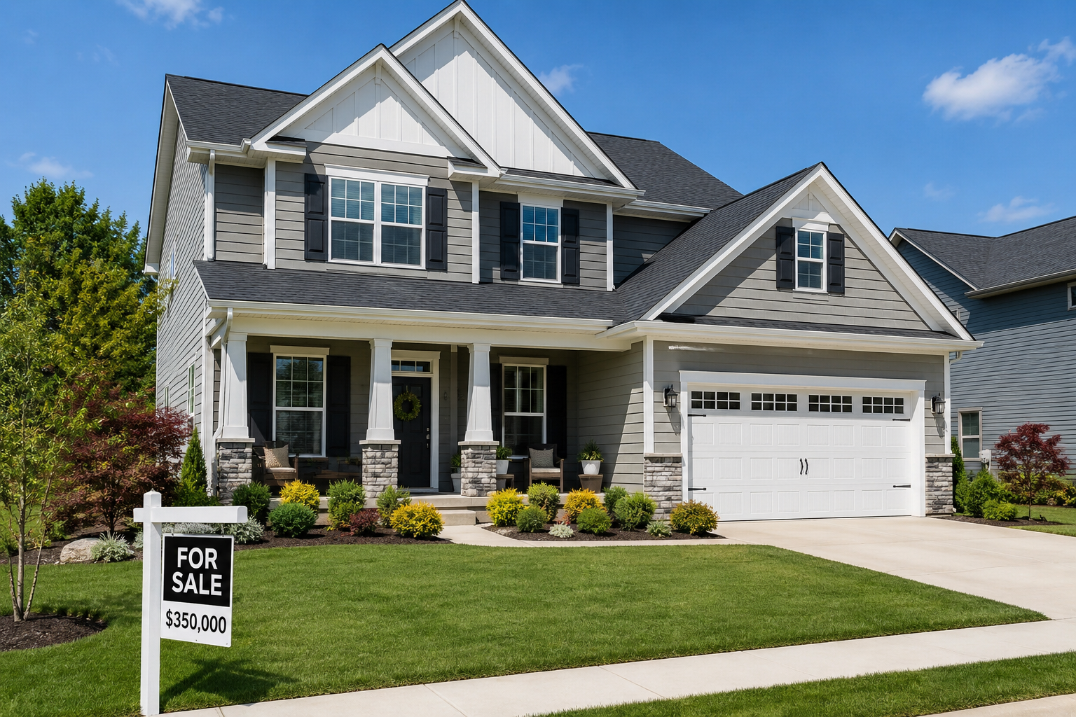Large two-story house with light gray siding, black shutters, and a white garage door. The house is surrounded by a well-manicured lawn and landscaped garden with shrubs and small trees. A 'For Sale' sign with a price of $350,000 is in the front yard.