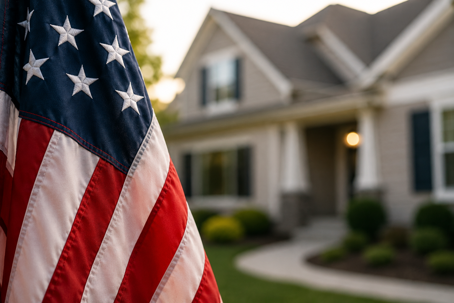 Close-up of an American flag outside a residential home at sunset.