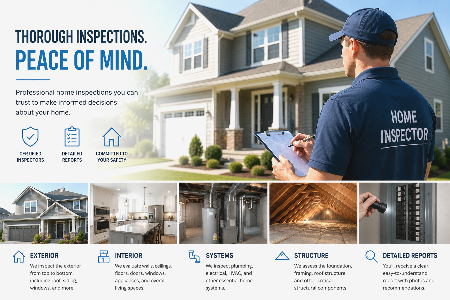 A man wearing a navy blue cap and shirt labeled 'Home Inspector' standing outside a large two-story house taking notes on a clipboard during a home inspection. The image includes icons and descriptions of various inspection services like exterior, interior, systems, structure, and detailed reports.