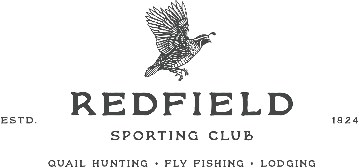 Logo of Redfield Sporting Club featuring a detailed outline of a quail with the text 'Redfield', 'Sporting Club', and 'ESTD. 1924', along with activities like quail hunting, fly fishing, and lodging.