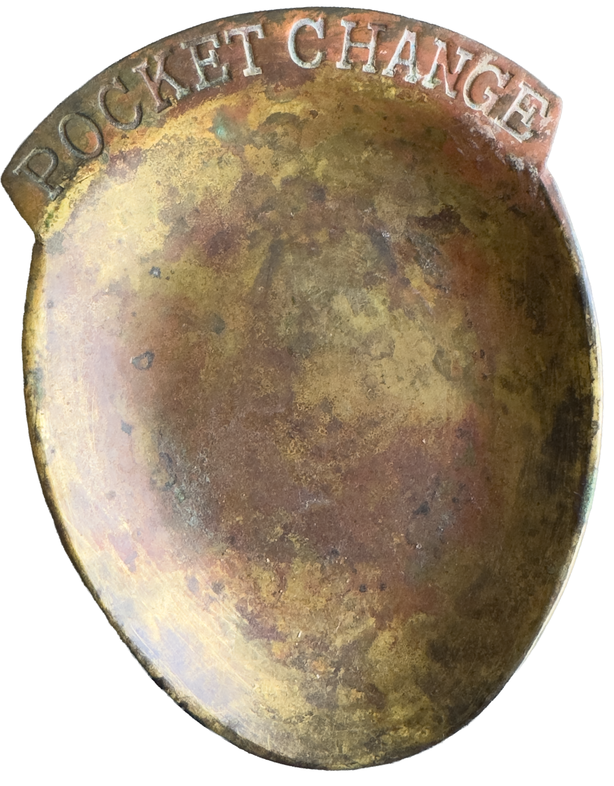 Close-up of a vintage metal object, possibly a badge or medallion, with the engraved words 'POCKET CHARGE' around the edge.