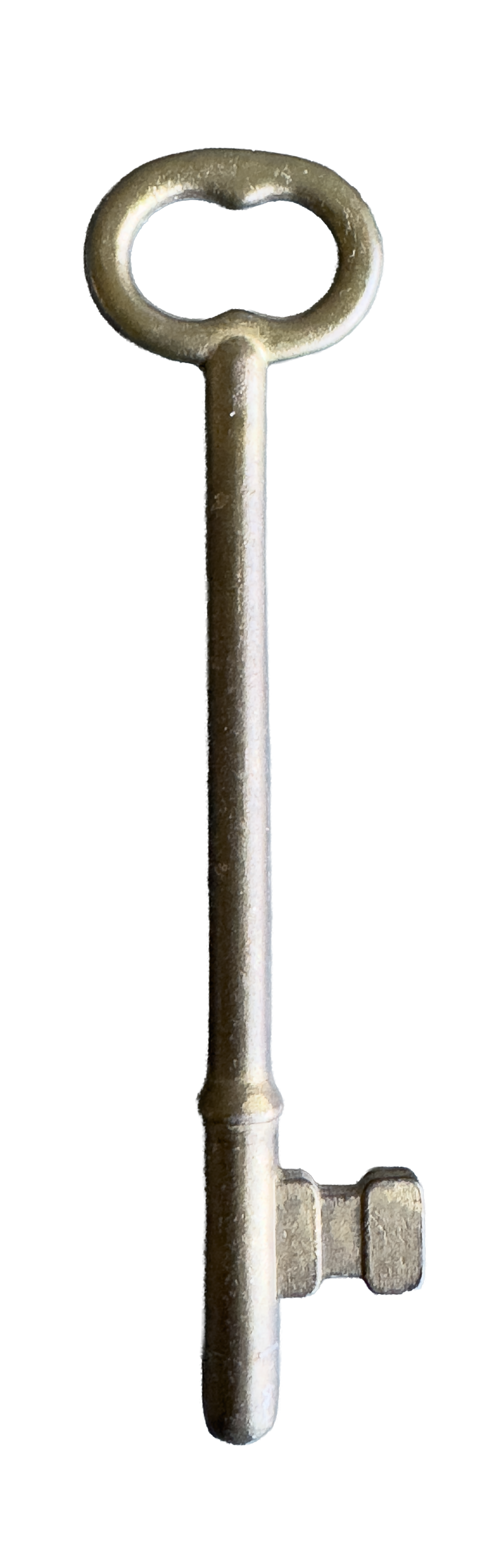 An old, metallic skeleton key with a circular handle and a long shaft, featuring a double-bit bit at its end.