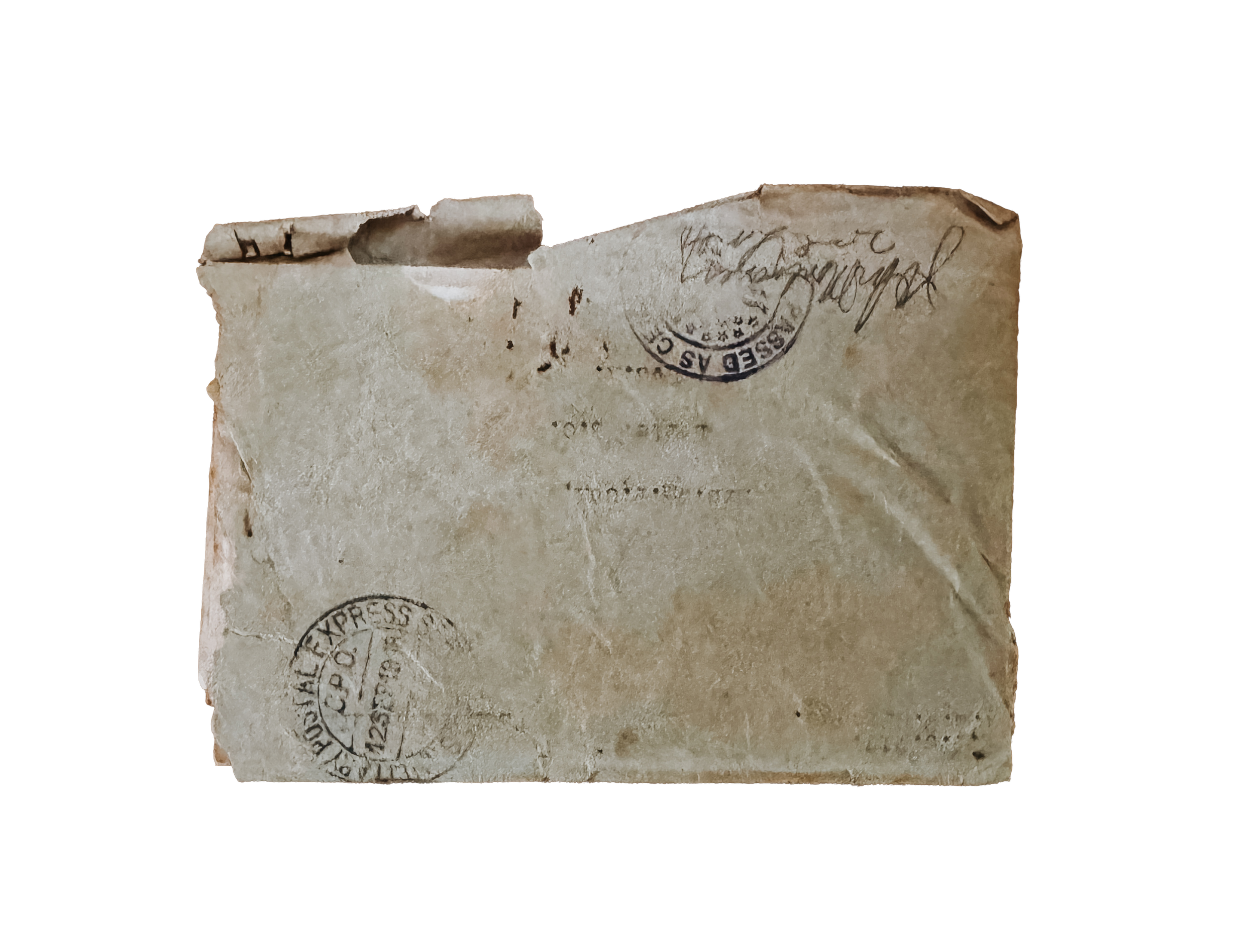 An old, worn piece of paper with handwritten text and multiple faded postal stamps, partially torn at the top.