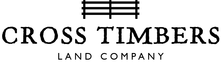 Logo for Cross Timbers Land Company featuring the company name and tag line with a fence line icon above.