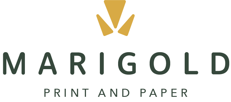 Marigold Print and Paper logo with a gold and black emblem above the name.