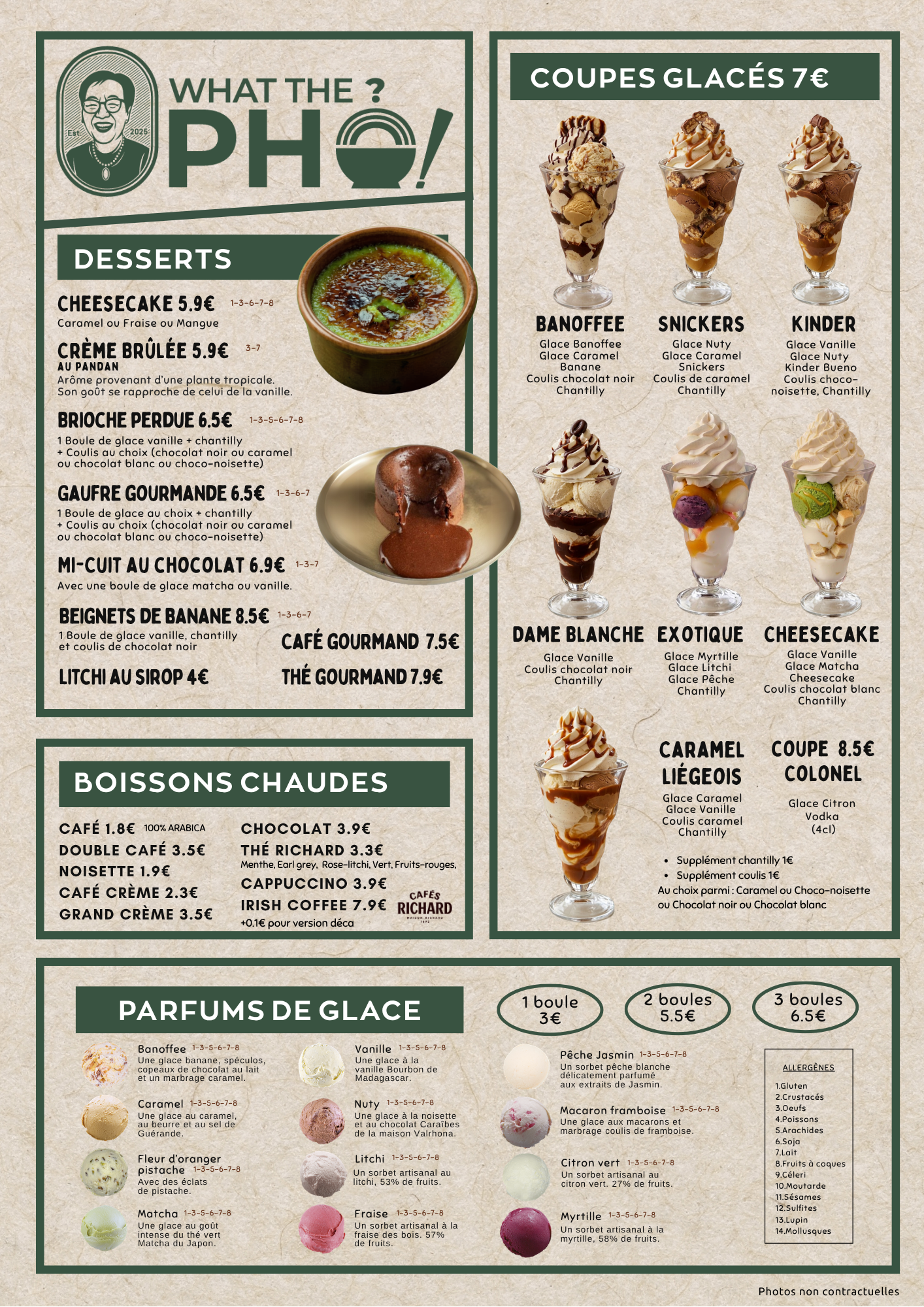 Menu de desserts glacés, boissons chaudes et parfums de glace avec différentes variétés et prix, incluant ice creams, petits gâteaux, et boissons comme café, thé et chocolat.