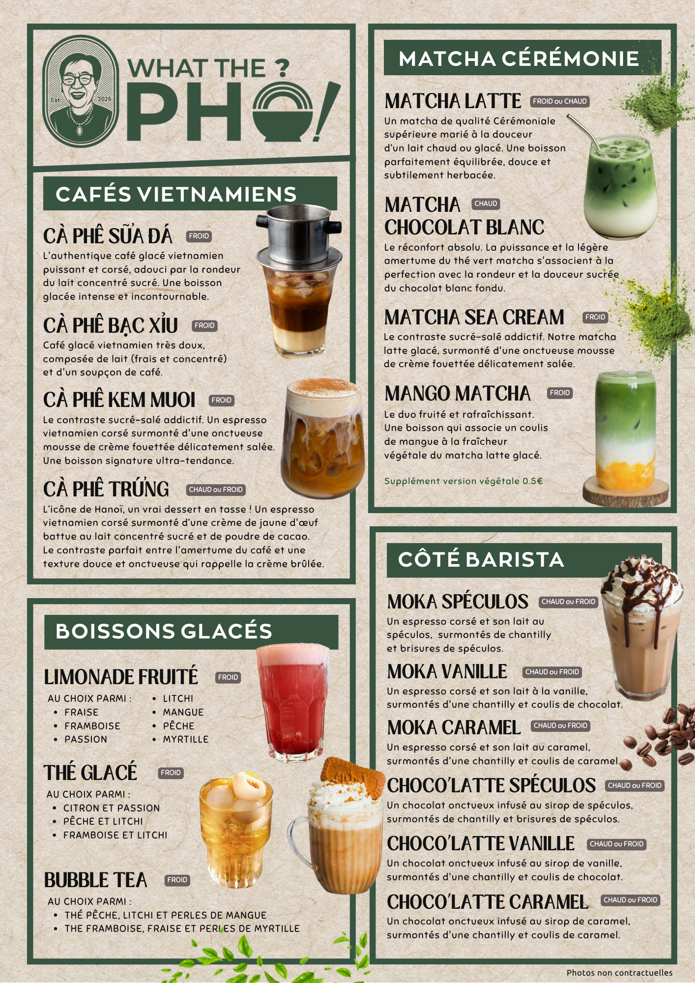 Menu de boissons glacées avec diverses options de cafés, thés glacés, limonades et chocolats, avec descriptions en français et images de boissons.