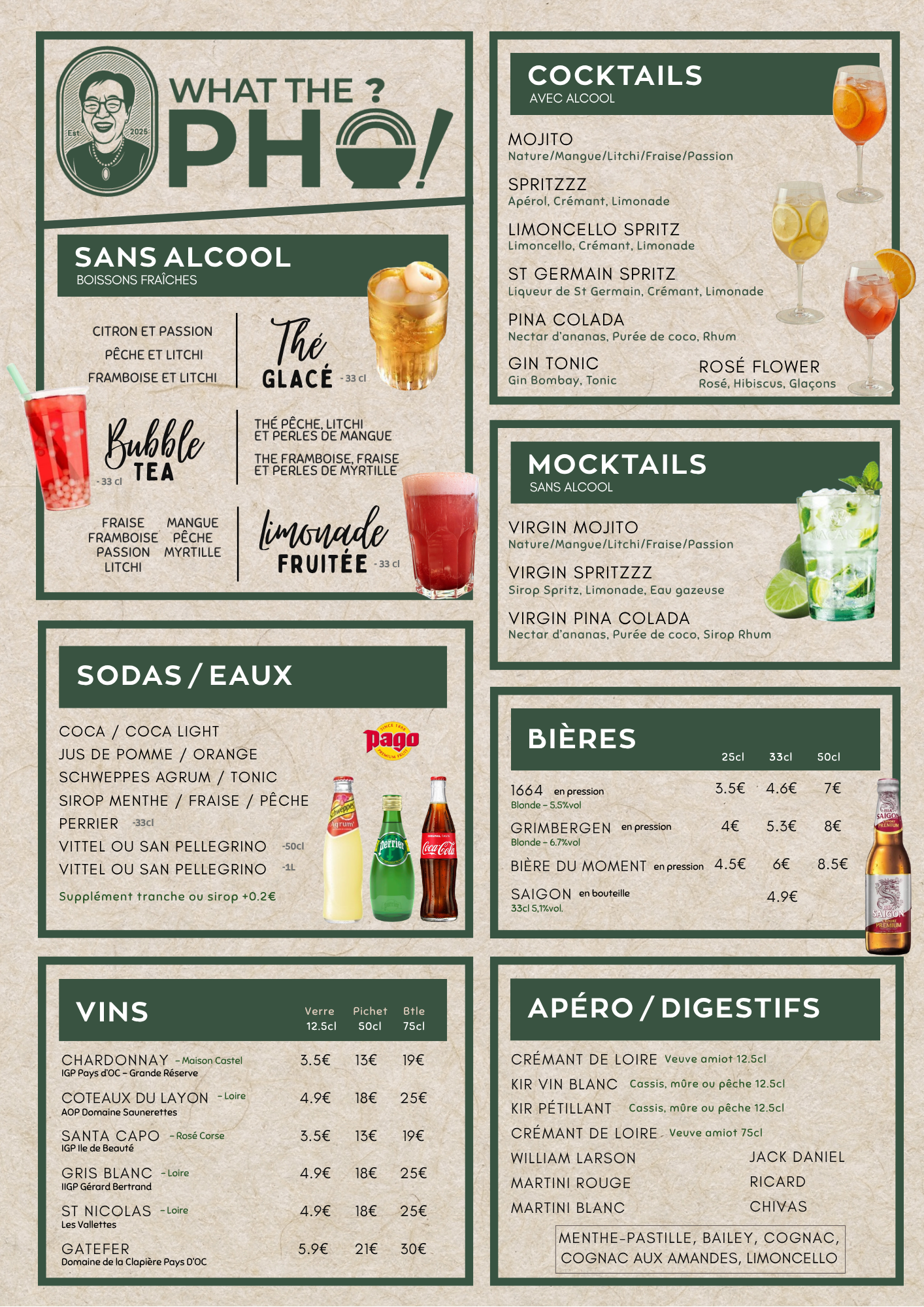 Menu de boissons avec sections pour boissons sans alcool, cocktails, mocktails, vins et apéritifs/digestifs. Illustration de différentes boissons comme cocktails et vins, avec prix et volumes, fonds beige avec texte en vert foncé.