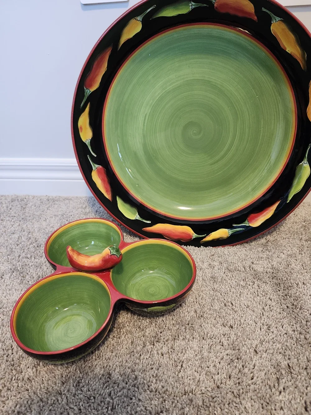 Bowls Party Fiesta CLAY ART 2003 Ceramic Chip Dip Set w Chili Stoneware 2 Pieces