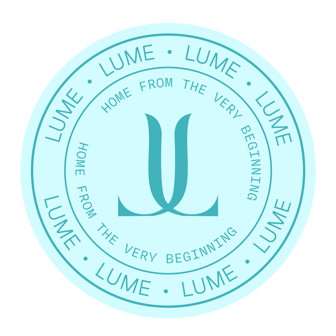 A circular logo with light blue background and darker blue text and design. The center features an overlapping stylized 'L' and 'U'. Surrounding the center, the text reads 'Home from the very beginning' and 'Lume' repeated around the outer edge.