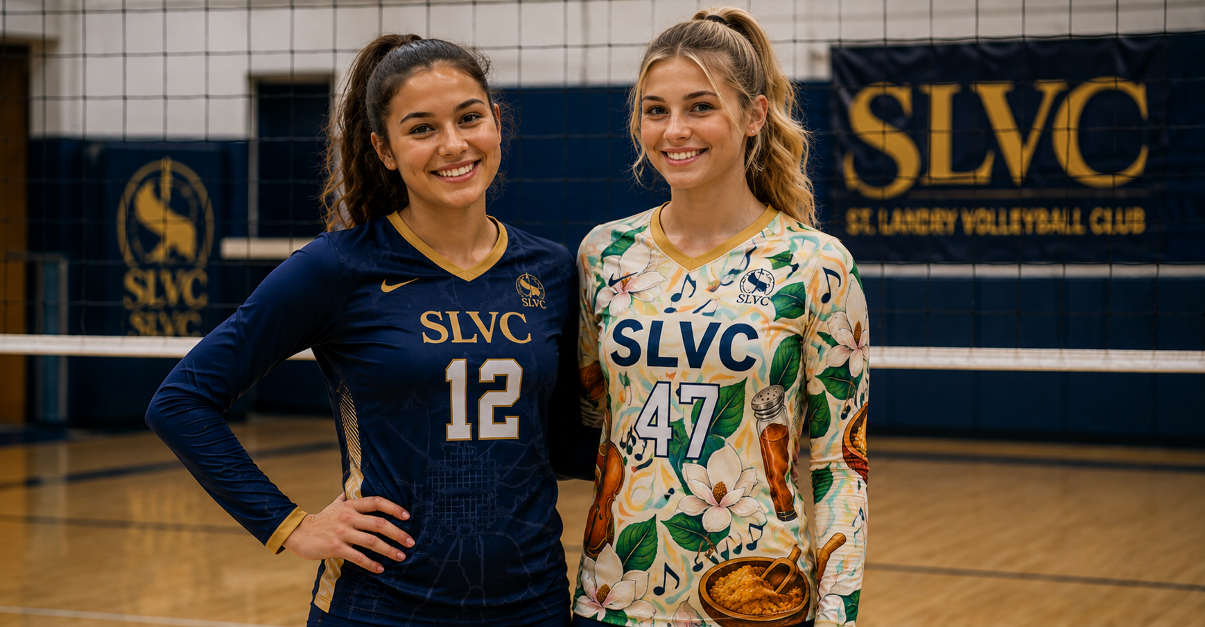 Two young women volleyball players standing together on an indoor volleyball court. One is wearing a navy blue jersey with the number 12, and the other is in a colorful floral jersey with the number 47. They are smiling and posing for the photo. The background shows a volleyball net and a banner reading 'SLVC' and 'St. Luke Volleyball Club'.