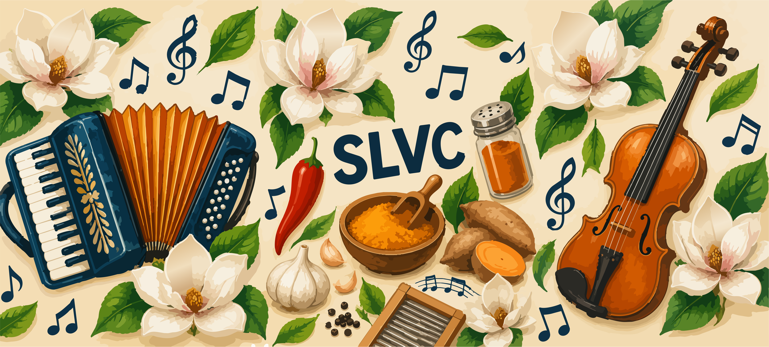 Colorful illustration with musical instruments including an accordion and a violin, surrounded by white flowers, green leaves, a red chili pepper, garlic, ginger, salt, pepper, and musical notes, with the letters 'SLVC' in the center.