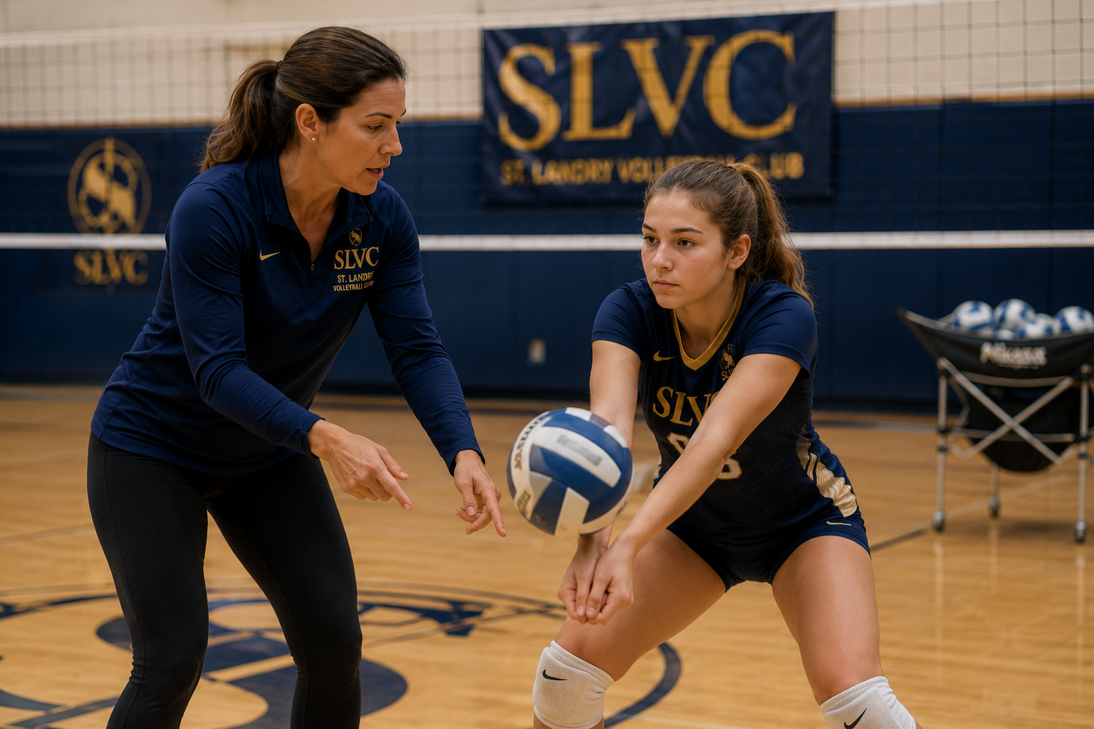 A volleyball coach instructing a young female athlete during practice in a gymnasium.