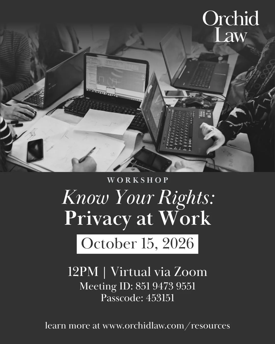 Join us on Thursday, Oct. 15, for our first Know Your Rights Workshop: Privacy at Work.

This will be hosted virtually via Zoom,  where we will discuss:

-What's actually private on work devices, networks, and accounts,
-What to keep off employer sys