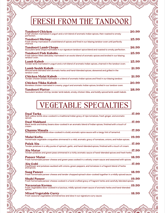 Menu featuring Indian dishes with sections for Tandoori Chicken, Shrimp, Lamb Chops, Fish Kabobs, Lamb Kabob, Chicken Malai Kabob, Chicken Tikka Kabob, Tandoori Platter, and various vegetable specialties, all listed with prices.