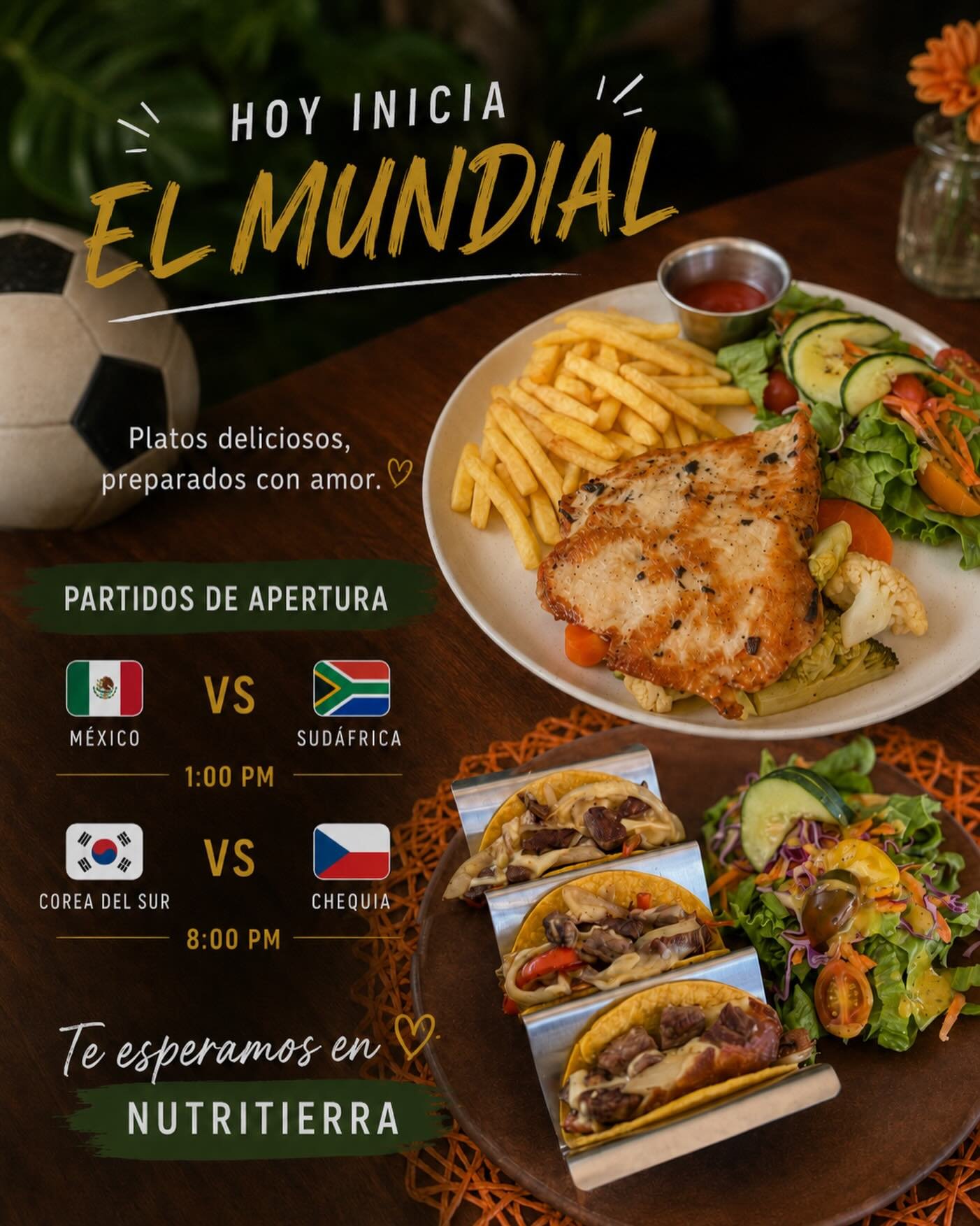 Hoy inicia el Mundial y queremos vivirlo con ustedes. ⚽️

Acomp&aacute;&ntilde;enos, disfrute platos deliciosos preparados con amor y participe por invitaciones para la reinauguraci&oacute;n de NutriTierra.

&iexcl;Le esperamos!