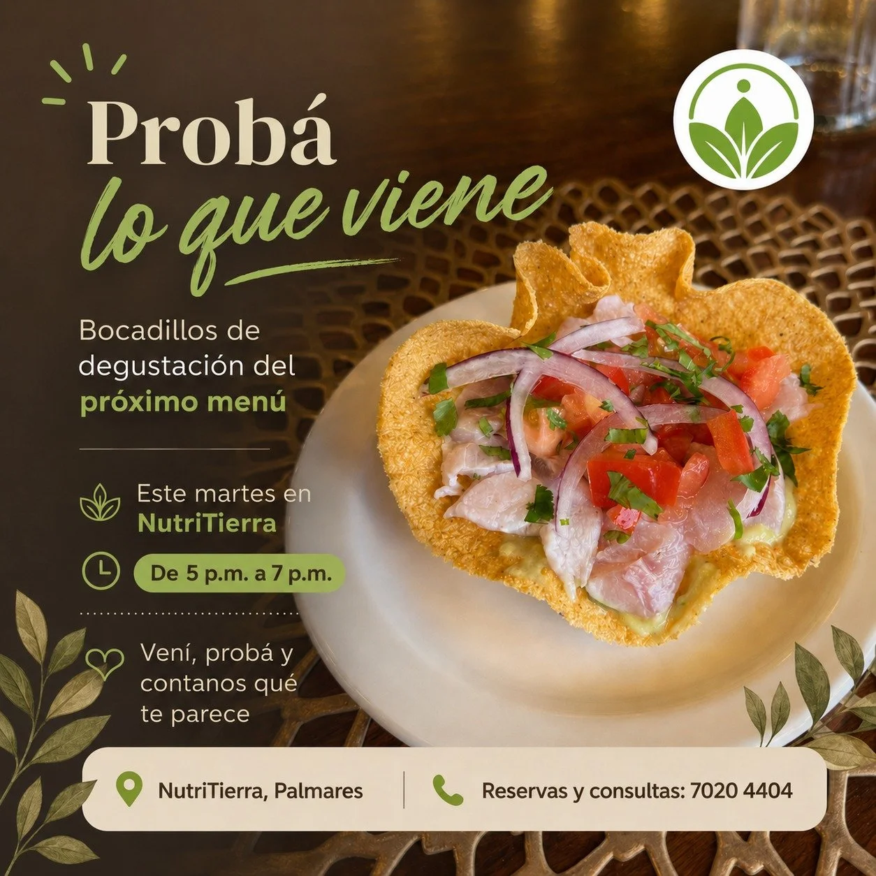 Prob&aacute; lo que viene en NutriTierra

Este martes queremos compartir un adelanto de algunas ideas que estamos preparando para nuestro pr&oacute;ximo men&uacute;.

Durante el d&iacute;a tendremos peque&ntilde;os bocadillos de degustaci&oacute;n pa