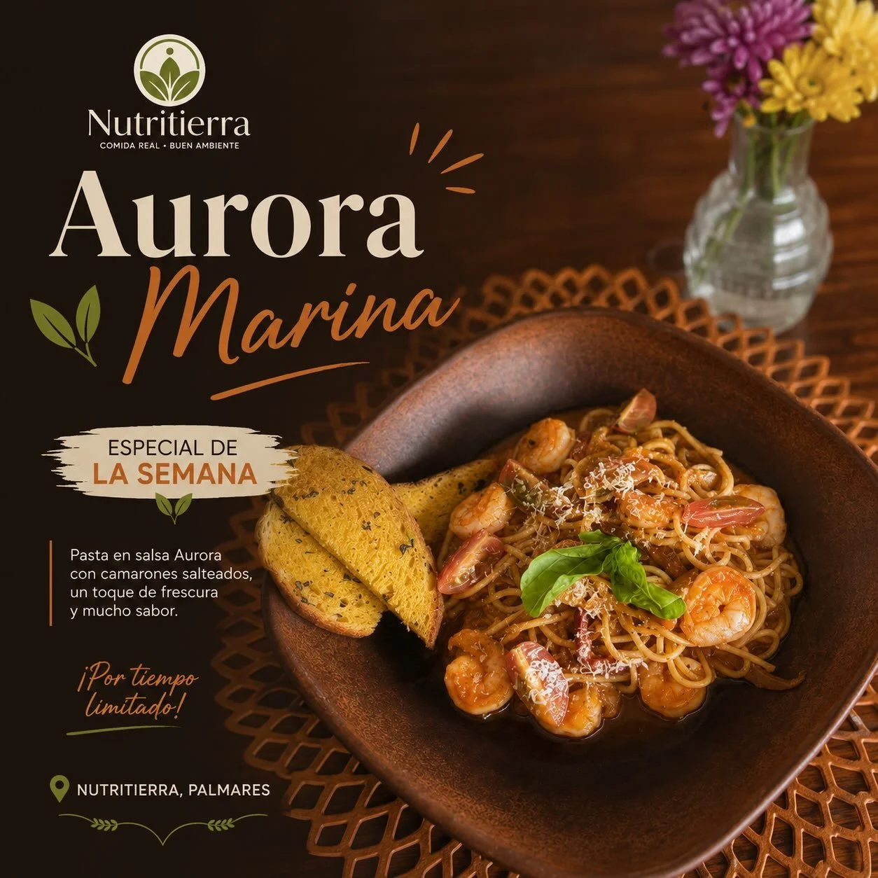 Esta semana tenemos un plato especial en NutriTierra. 🍤🍝

A partir de ma&ntilde;ana martes, disfrut&aacute; nuestra Aurora Marina: pasta en salsa Aurora con camarones salteados, acompa&ntilde;ada de ensalada verde de la casa.

Disponible por tiempo