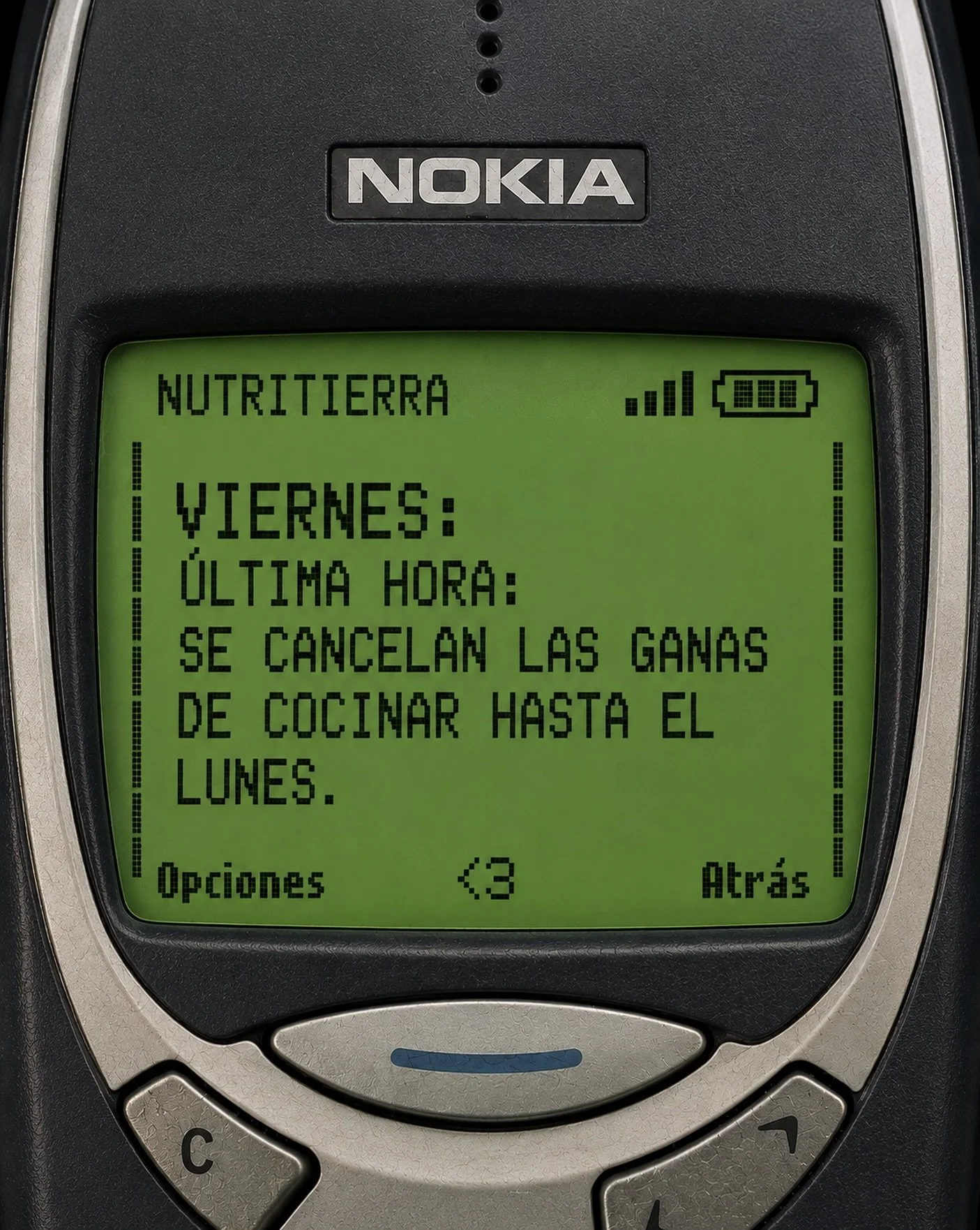 📵 Comunicado oficial de viernes:

Las ganas de cocinar quedan suspendidas hasta nuevo aviso.
Bueno&hellip; hasta el lunes. 😂

Mientras tanto, NutriTierra se encarga. 🥗🍝🍔🍟🌮